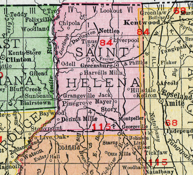 St. Helena Parish, Louisiana, 1911, Map, Rand McNally, Greensburg, Montpelier, Pine Grove, Darlington, Chipola, Nettles, Liverpool, Kedron