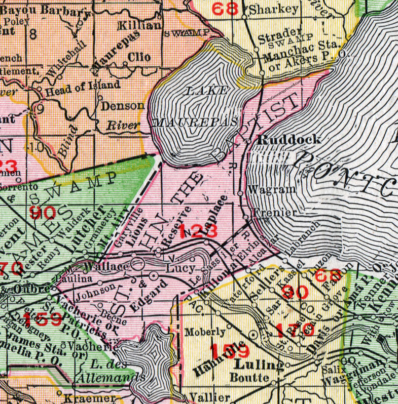 St. John the Baptist Parish, Louisiana, 1911, Map, Rand McNally, Edgard, Ruddock, LaPlace, Mount Airy, Reserve, Garyville, Wallace, Lions