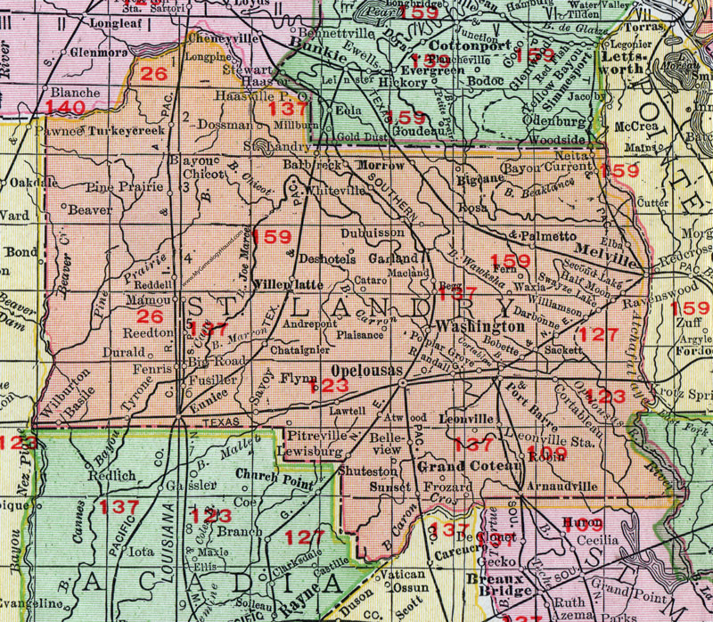 St. Landry Parish, Louisiana, 1911, Map, Rand McNally, Opelousas, Washington, Grand Coteau, Melville, Eunice, Ville Platte, Mamou, Morrow, Basile