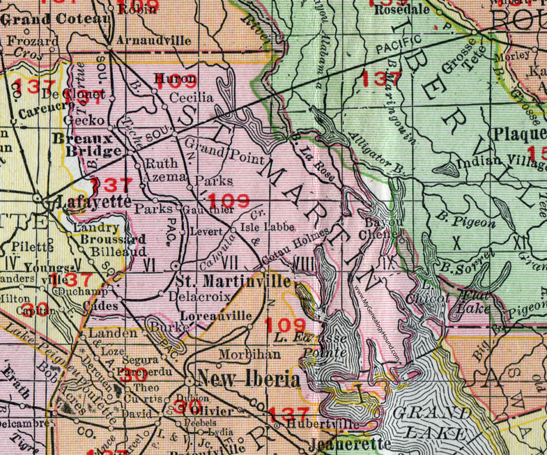St. Martin Parish, Louisiana, 1911, Map, Rand McNally, St. Martinville, Cecilia, Breaux Bridge, Parks, Coteau Holmes, Cade, Azema, Gauthier