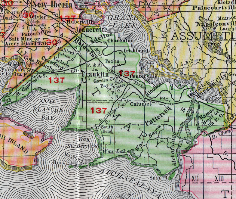 St. Mary Parish, Louisiana, 1911, Map, Rand McNally, Franklin, Morgan City, Berwick, Patterson, Baldwin, Charenton, Adeline, Amelia, Ramos