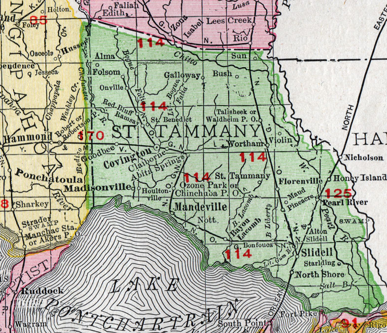St. Tammany Parish, Louisiana, 1911, Map, Rand McNally, Covington, Slidell, Mandeville, Madisonville, Abita Springs, Folsom, Pearl River, Lacombe