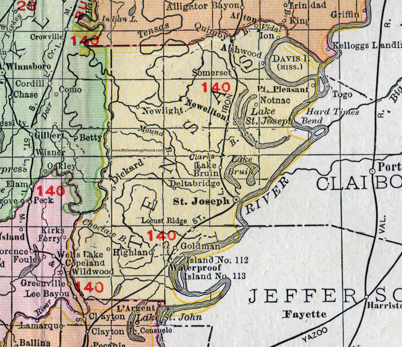 Tensas Parish, Louisiana, 1911, Map, Rand McNally, St. Joseph, Newellton, Waterproof, Goldman, Highland, Somerset, Dickard, Newlight, Notmac, Pt. Pleasant, Ashwood, Deltabridge