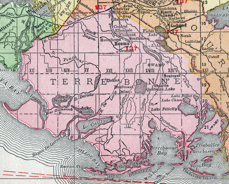 Terrebonne Parish, Louisiana, 1911, Map, Rand McNally, Houma, Southdown, Schriever, Gibson, Donner, Gray, Ellendale, Montegut, Chauvin