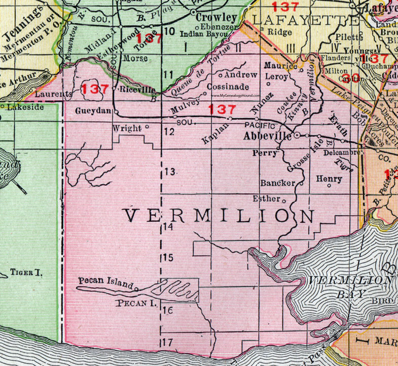 Vermilion Parish, Louisiana, 1911, Map, Rand McNally, Abbeville, Kaplan, Perry, Maurice, Gueydan, Erath, Delcambre, Andrew, Henry