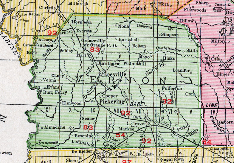 Vernon Parish, Louisiana, 1911, Map, Rand McNally, Leesville, Pickering, Rosepine, Hornbeck, Simpson, Leander, Pitkin, Fullerton, Evans