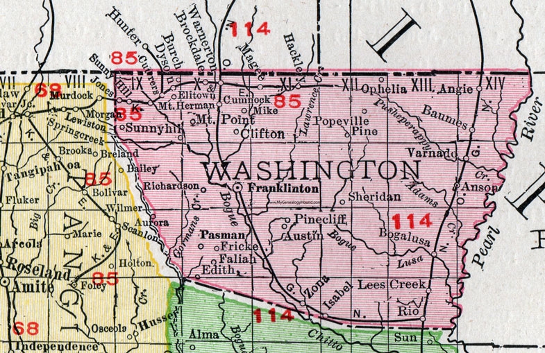 Washington Parish, Louisiana, 1911, Map, Rand McNally, Franklinton, Bogalusa, Warnerton, Angie, Varnado, Clifton, Mount Hermon, Zona, Pasman
