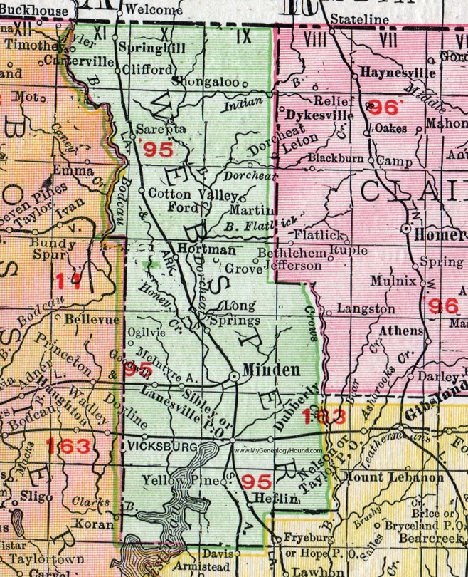 Webster Parish, Louisiana, 1911, Map, Rand McNally, Minden, Springhill, Cotton Valley, Sibley, Dubberly, Heflin, Shongaloo, Sarepta, Doyline