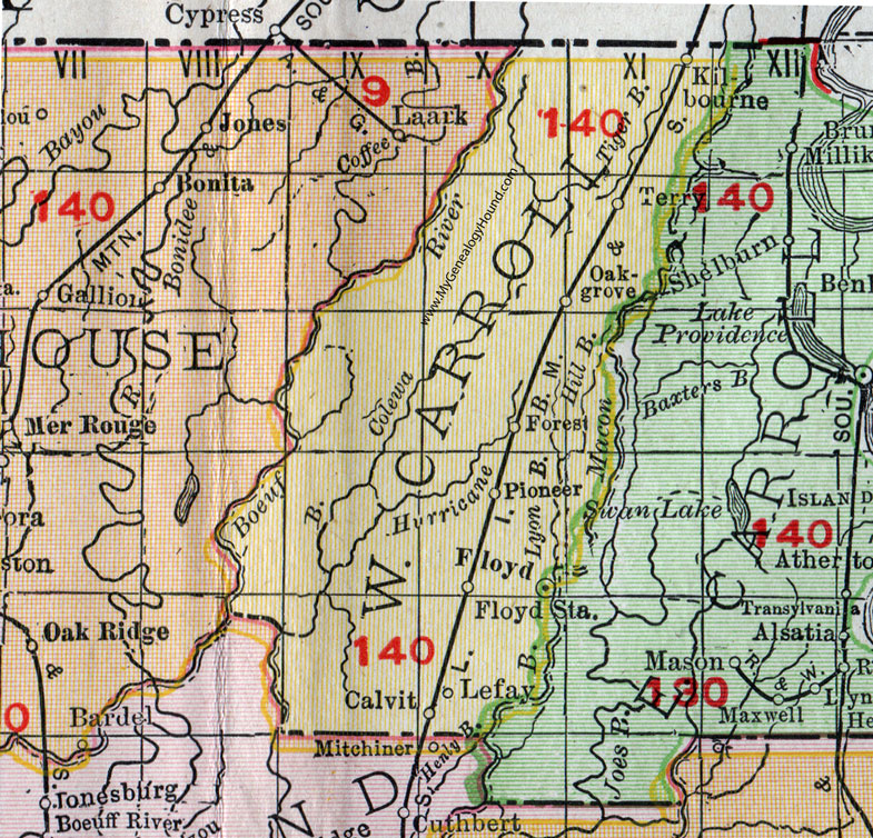West Carroll Parish, Louisiana, 1911, Map, Rand McNally, Oak Grove, Pioneer, Kilbourne, Forest, Terry, Calvit, Lefay, Floyd