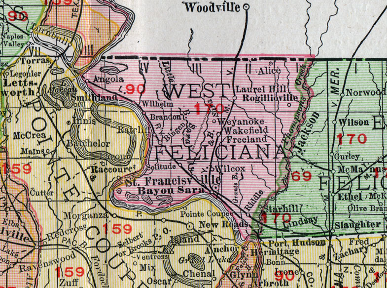 West Feliciana Parish, Louisiana, 1911, Map, Rand McNally, St. Francisville, Angola, Wakefield, Bayou Sara, Rogillioville, Weyanoke, Riddle, Starhill, Solitude