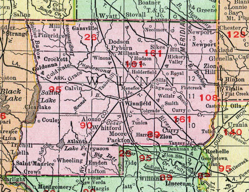 Winn Parish, Louisiana, 1911, Map, Rand McNally, Winnfield, Dodson, Atlanta, Wheeling, Sikes, Hudson, Tannehill, Calvin, Couley, Lofton, Pyburn, Alonzo