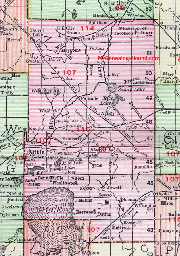 Aitkin County Minnesota map, Aitkin City, Hill City, McGregor, Palisade, Tamarack, McGrath, 1912