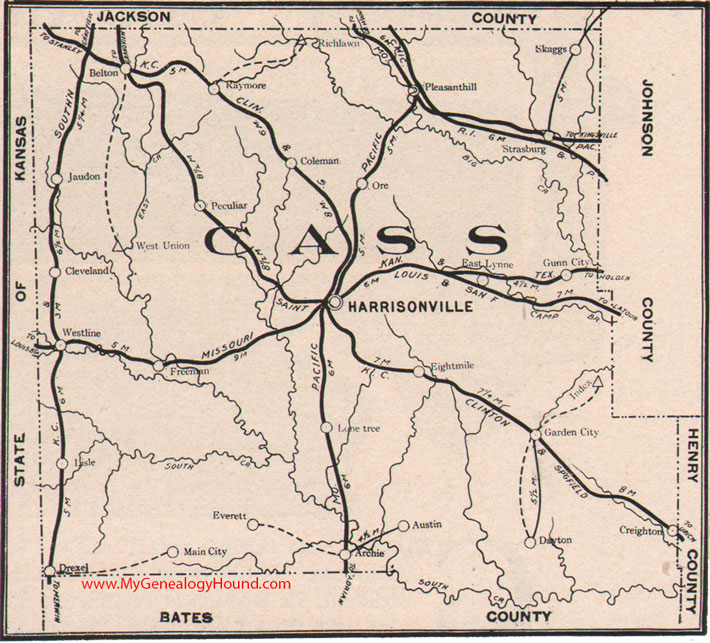 Cass County, Missouri 1904 Map Harrisonville, Pleasant Hill, Belton, Garden City, Drexel, East Lynne, Creighton, Archie, Freeman, Raymore, Gunn City, Westline, Peculiar, MO