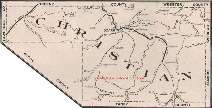 Christian County Missouri Map 1904 Ozark, Billings, Nixa, Sparta, Clever, Highlandville, Oldfield, Chadwick, MO 