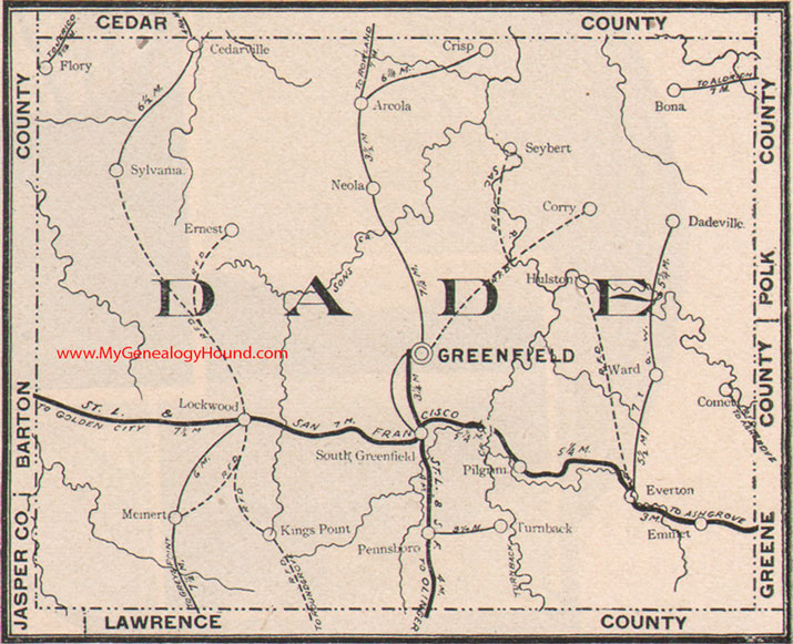 Dade County Missouri map 1904 Greenfield, Lockwood, Dadeville, Everton, Arcola, South Greenfield, MO