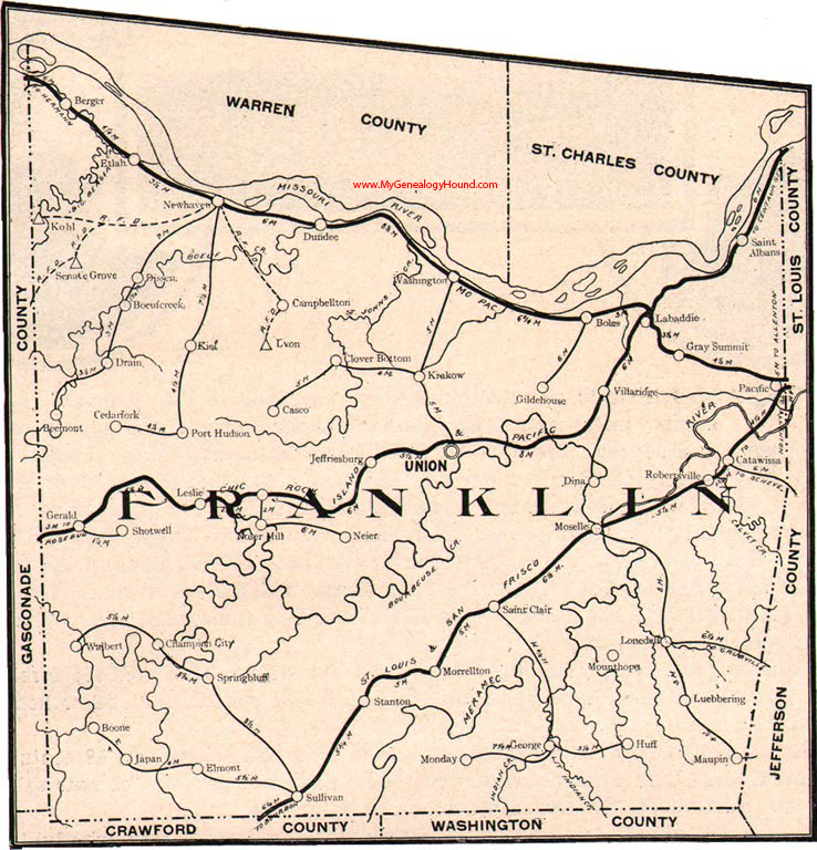 Franklin County, Missouri 1904 Map, Union, Washington, New Haven, St. Clair, Sullivan, Robertsville, Pacific, Berger, Stanton, Moselle, MO