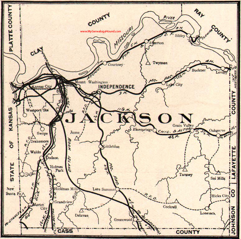Jackson County, Missouri 1904 Map, Kansas City, Independence, Lone Jack, Sibley, Lees Summit, Grandview, Buckner, Oak Grove, Grain Valley, Martin City, MO