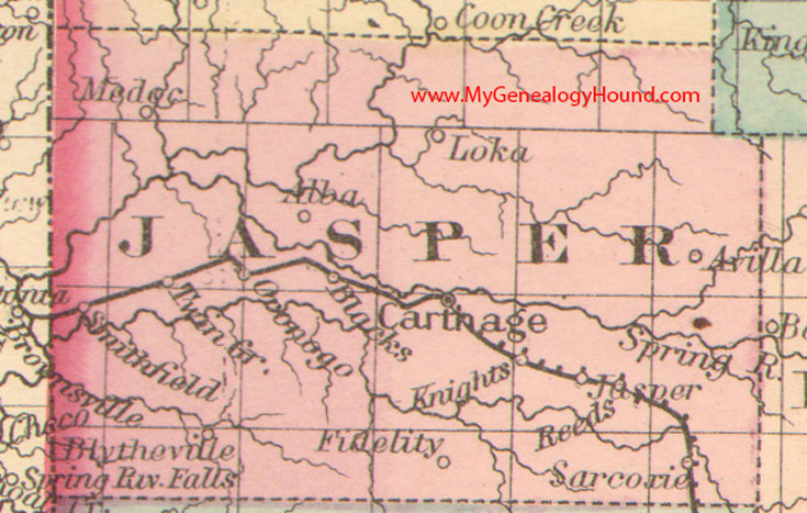 Jasper County, Missouri 1876 Map Carthage, Sarcoxie, Blytheville, Knights, Alba, Oronogo, Smithfield, MO