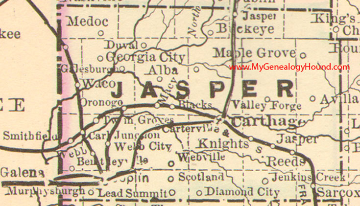 Jasper County, Missouri 1886 Map, Carthage, Joplin, Sarcoxie, Murphysburgh, Webb City, Carterville, Bentleyville, MO