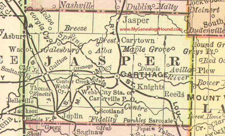 Jasper County. Missouri 1888 Map Joplin, Carthage, Blendsville, Knights, Webb City, Carl Junction, Sarcoxie, MO