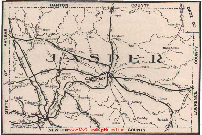 Jasper County, Missouri 1904 Map Joplin, Carthage, Webb City, Carl Junction, Duenweg, Sarcoxie, Oronogo, MO