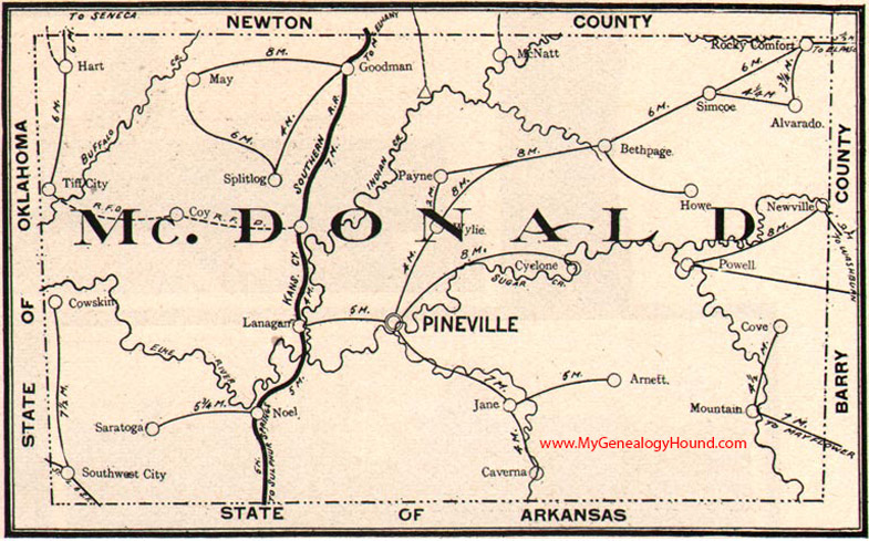 McDonald County, Missouri 1904 Map Pineville, Noel, Splitlog, Southwest City, Rocky Comfort, Lanagan, Goodman, Tiff City, MO