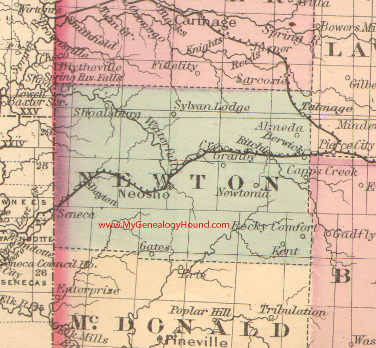 Newton County, Missouri 1876 Map Neosho, Newtonia, Granby. Seneca, Ritchie, Gates, Kent, Berwick, Shoalsburg, MO
