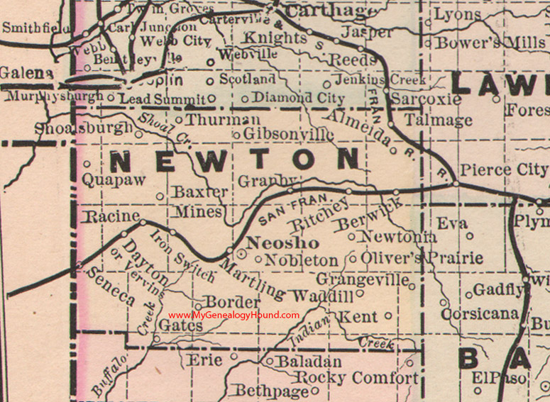 Newton County, Missouri 1886 Map Neosho, Granby, Seneca, Newtonia, Ritchey, Shoalsburgh, Racine, Oliver's Prairie, Berwick, MO
