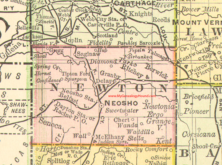 Newton County, Missouri 1888 Map Neosho, Newtonia, Seneca, Diamond, Granby, Saginaw, Stella, Ritchey, Tipton Ford, MO
