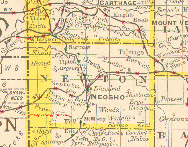 Newton County, Missouri 1890 Map Neosho, Granby, Seneca, Newtonia, Ritchey, Tipton, Stella, Diamond, Hornet, MO