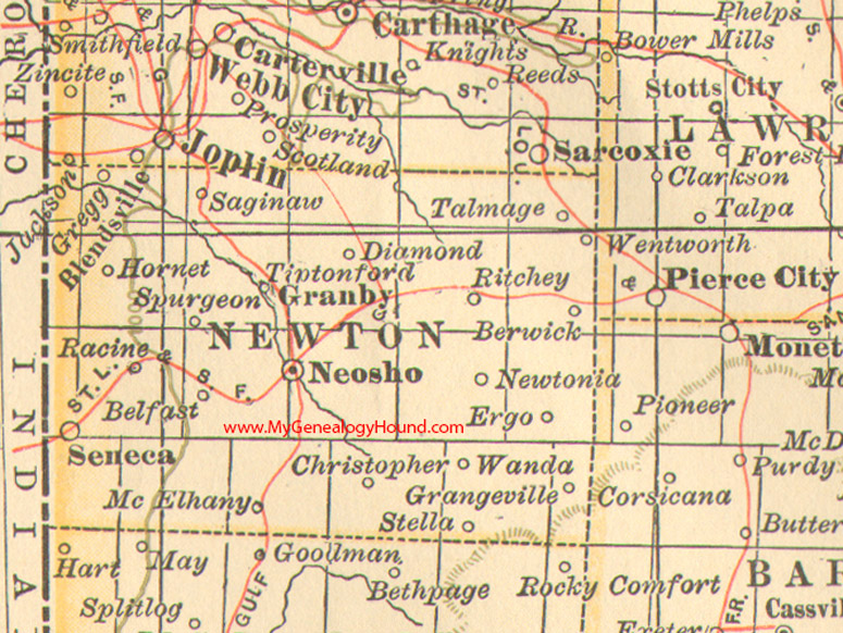 Newton County, Missouri 1902 Map Neosho, Granby, Diamond, Tipton Ford, Seneca, Newtonia, Stella, Hornet, Saginaw, MO