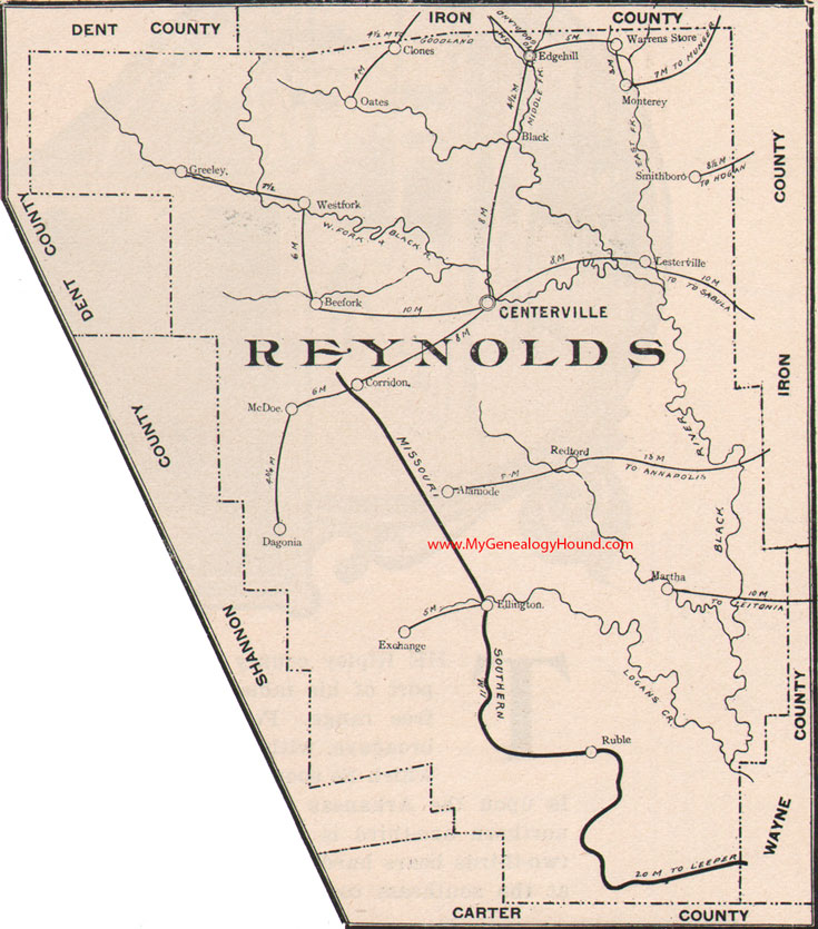 Reynolds County, Missouri Map 1904 Centerville, Lesterville, Ellington, Redford, Black, West Fork, Oates, Monterey, MO