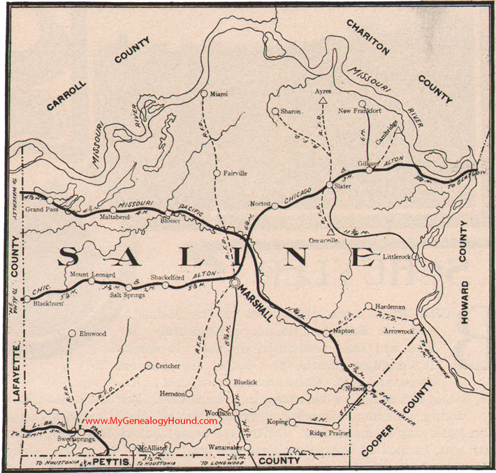 Saline County, Missouri Map 1904 Marshall, Slater, Arrow Rock, Sweet Springs, Grand Pass, Malta Bend, Wanamaker, MO