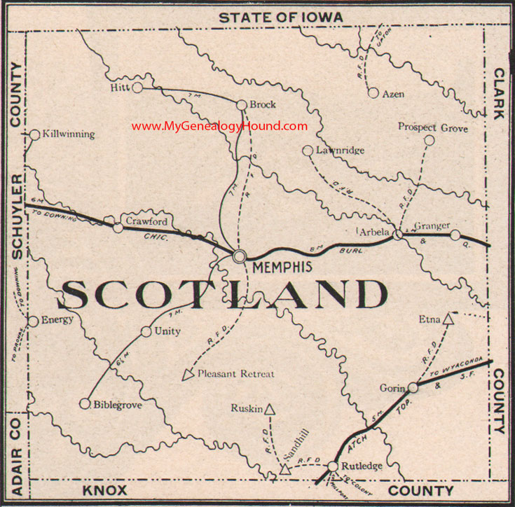 Scotland County Missouri Map 1904 Memphis, Gorin, Rutledge, Granger, Arbela, Bible Grove, Etna, Azen, Brock, Hitt, Killwinning, MO