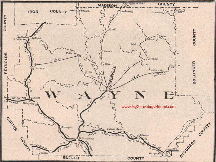Wayne County Missouri Map 1904 Greenville, Piedmont, Wappapello, Leeper, Mill Spring, Patterson, Silva, Lodi, MO