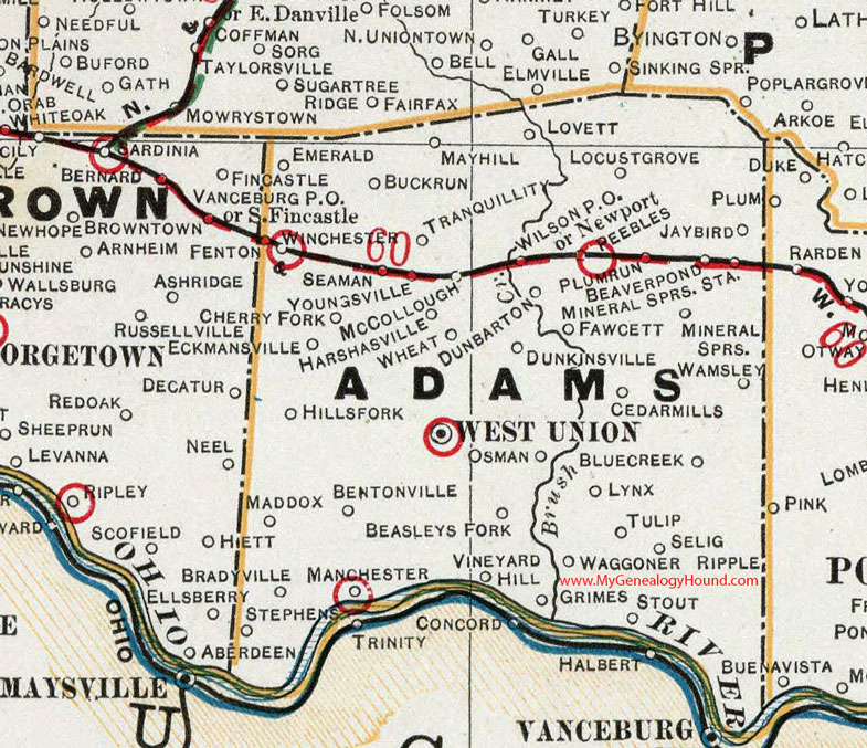 Adams County, Ohio 1901 Map by Cram; West Union, Peebles, Winchester, Seaman, Cherry Fork, Manchester, Dunkinsville, Lynx