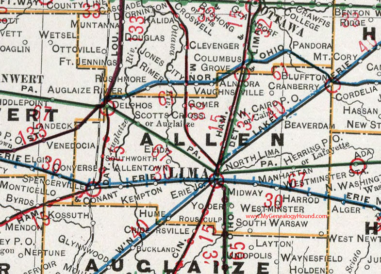 Allen County, Ohio 1901 Map Lima, OH, Delphos, Elida, Spencerville, Bluffton, Beaverdam, Cairo, Lafayette