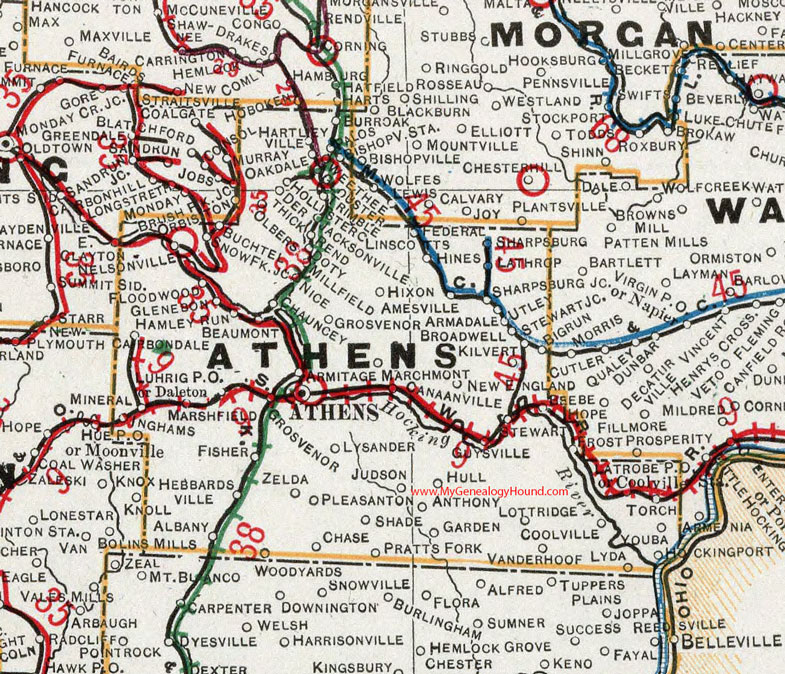 Athens County, Ohio 1901 Map Albany, Nelsonville, Coolville, Guysville, Hebbardsville, Carbondale, Buchtel, Glouster, Trimble, Chauncey, OH