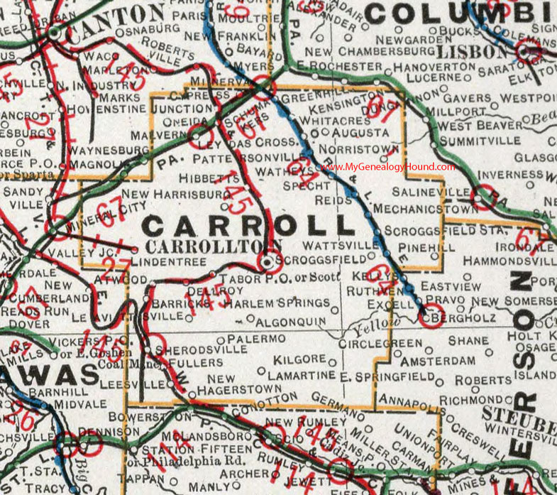 Carroll County, Ohio 1901 Map Carrollton, Leesville, Malvern, Mechanicstown, Sherrodsville, Dellroy, Scroggsfield, Augusta, OH
