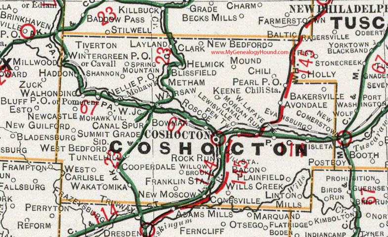 Coshocton County, Ohio 1901 Map West Lafayette, Plainfield, Barkersville, Keene, Warsaw, Blissfield, Walhonding, Cooperdale, OH