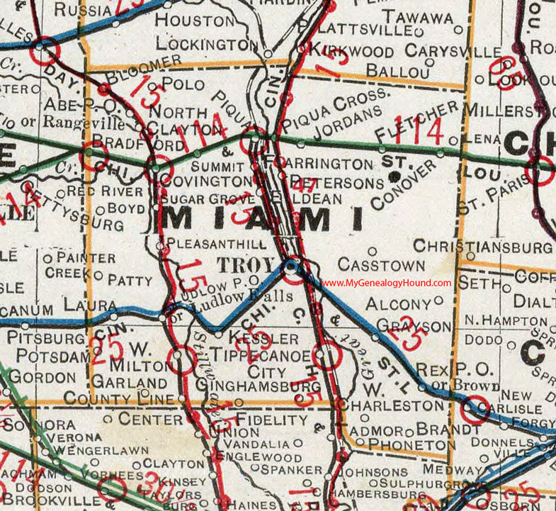 Miami County, Ohio 1901 Map Troy, Piqua, Covington, Pleasant Hill, Tippecanoe City, West Milton, Laura, Bradford, Sugar Grove, Ludlow Falls, OH