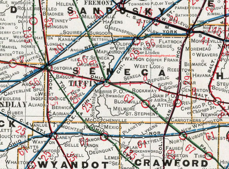 Seneca County, Ohio 1901 Map, Tiffin, Fostoria, Bettsville, Bloomville, Attica, Green Springs, Carrothers, Republic, Bascom, Amsden, OH