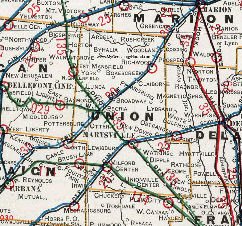 Union County, Ohio 1901 Map, Marysville, Milford Center, Magnetic Springs, Richwood, Byhalia, Broadway, Raymond, Peoria, Unionville Center, Pharisburg, OH