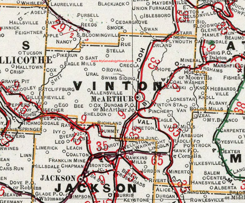 Vinton County, Ohio 1901 Map, McArthur,  Allensville, Zaleski, Hamden, Eagle Mills, New Plymouth, Wilkesville, Arbaugh, Radcliff, Dundas, OH
