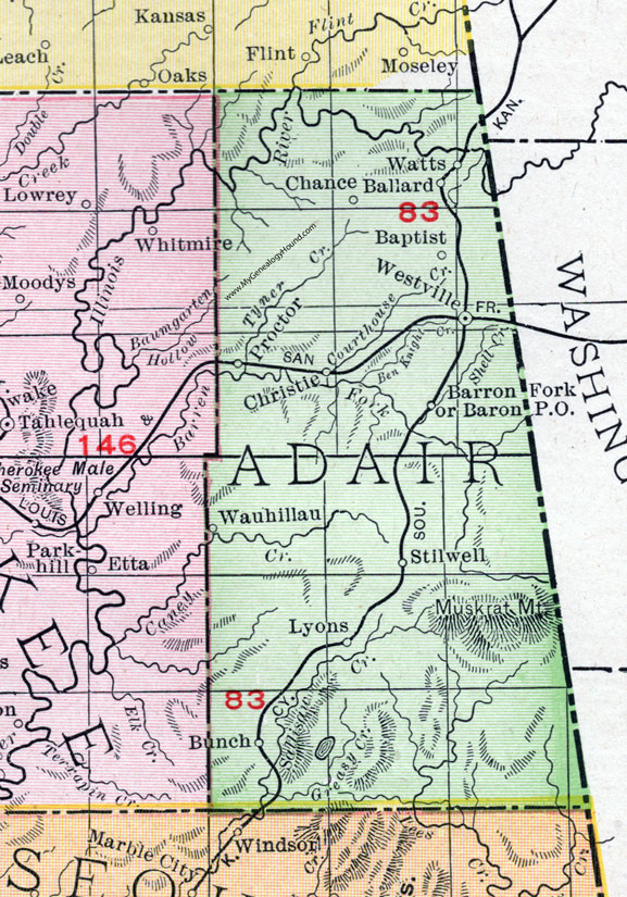 Adair County, Oklahoma 1911 Map, Rand McNally, Stilwell, Westville, Watts, Proctor, Christie, Bunch, Baron, Ballard, Lyons, Wauhillan, Baptist, Chance