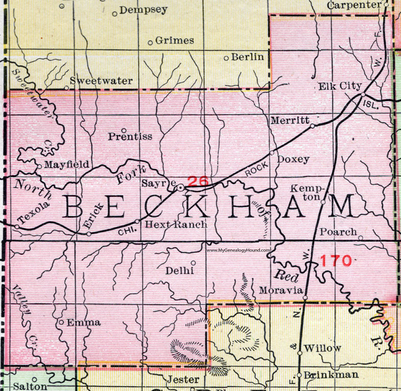 Beckham County, Oklahoma 1911 Map, Rand McNally, Elk City, Sayre, Erick, Texola, Mayfield, Moravia, Delhi, Hext Ranch, Prentiss, Merritt, Doxey, Kemoton, Poarch