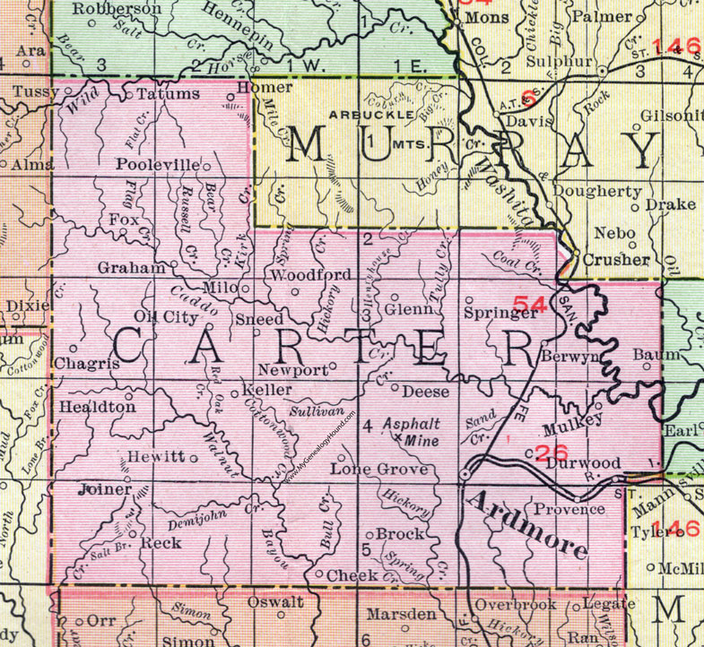 Carter County, Oklahoma 1911 Map, Rand McNally, Ardmore, Healdton, Lone Grove, Tatums, Graham, Springer, Berwyn, Fox, Sneed, Deese, Brock, Pooleview