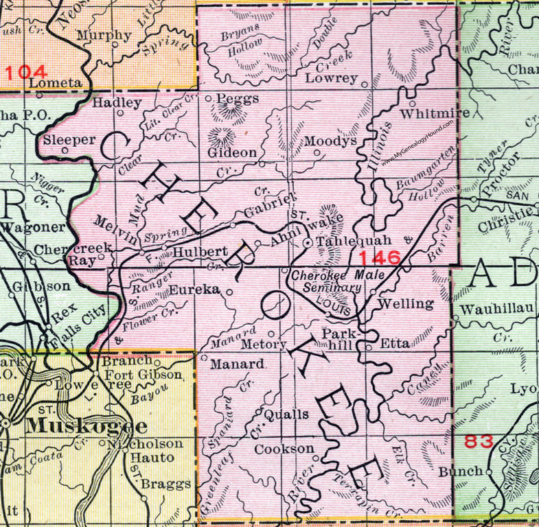 Cherokee County, Oklahoma 1911 Map, Rand McNally, Tahlequah, Hulbert, Park Hill, Cookson, Peggs, Moodys, Welling, Gideon, Etta, Metory, Manard, Whitmire, Qualls