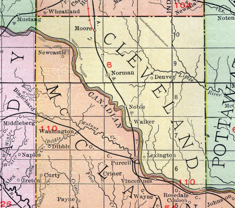 Cleveland County, Oklahoma 1911 Map, Rand McNally, Norman, Moore, Noble, Denver, Walker, Lexington