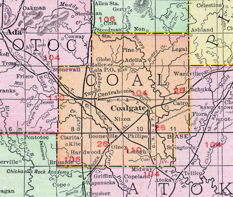 Coal County, Oklahoma 1911 Map, Rand McNally, Coalgate, Lehigh, Centrahoma, Tupelo, Clarita, Adelia, Globe, Phillips, Cairo, Legal, Olney, Booneville, Nixon, Midway